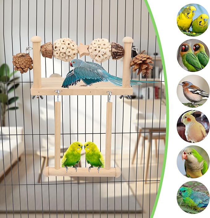 Litewoo Bird Perch Wooden Platform Bird Swing Chew Toys Play Gyms Exercise Stands Hanging Parrot Swinging Perches Conure Cage Accessories for Parrot Parakeet Conure Lovebirds Budgie (Two Sola Balls)