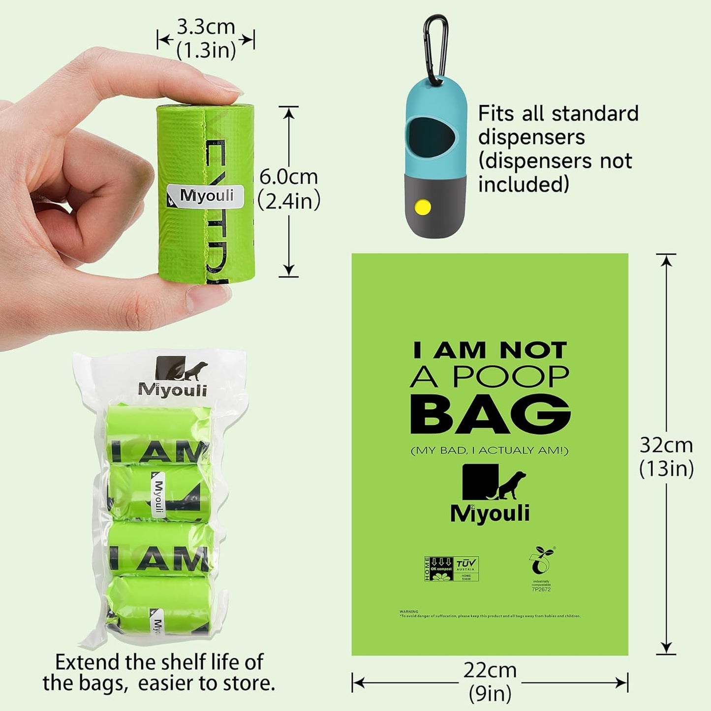 Certified Compostable Poop Bags for Dogs, 240 Poop Bags (16 Rolls), Landfill Friendly, Leak Proof Unscented Easy Open Poop Waste Bag(Green)