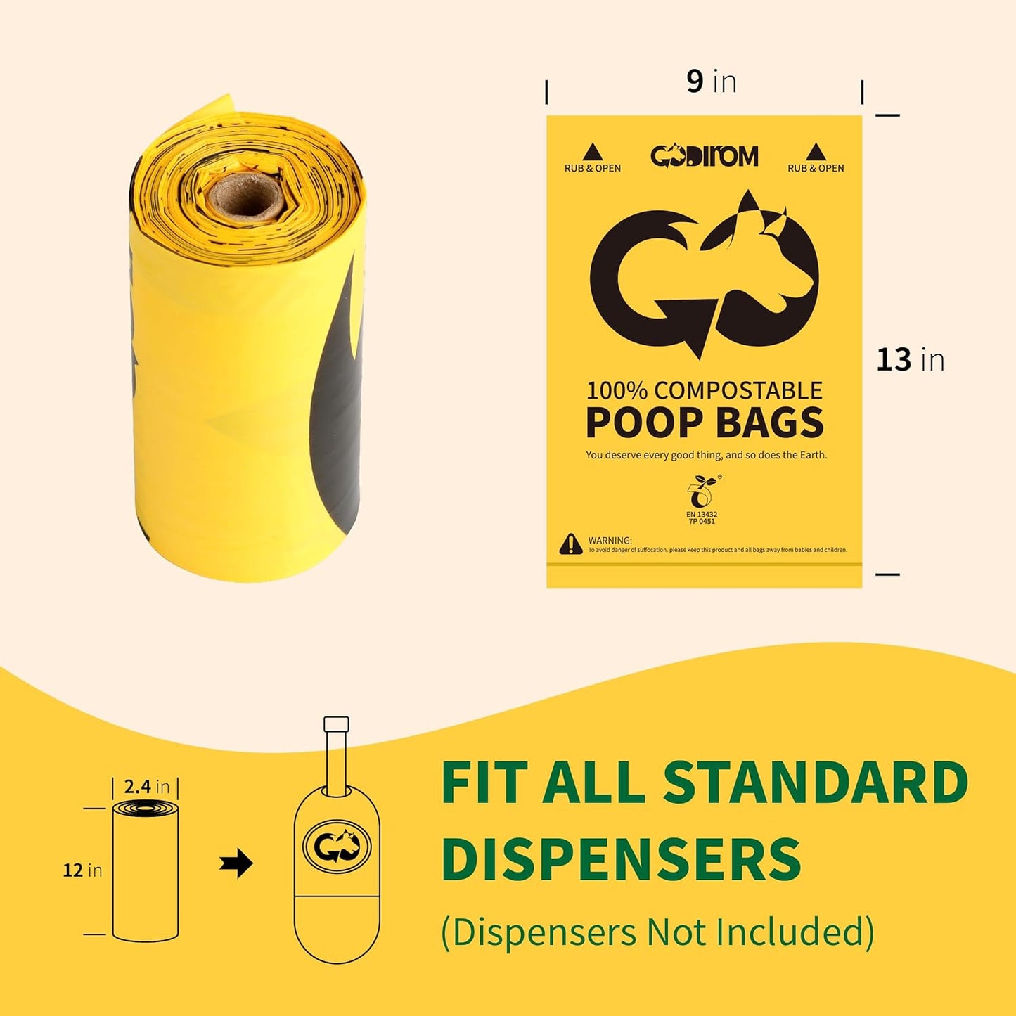 Certified 100% Compostable Poop Bags for Dogs, 270 Count Guaranteed Leak Proof and 18 Microns Extra Thick Dog Waste Bag, 18 Rolls of Plant Based Doggie Poop Bag, No Scented with ASTM D6400 & EN13432
