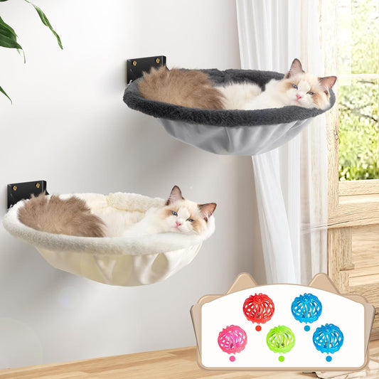 Cat Hammock Wall Mounted, Foldable & Stable Cat Beds- Breathable Cats Wall Shelves for Sleeping, Playing, Climbing, and Lounging - Maximum Hold Up to 30lb(Gray+Cream,Faux Rabbit Fur)