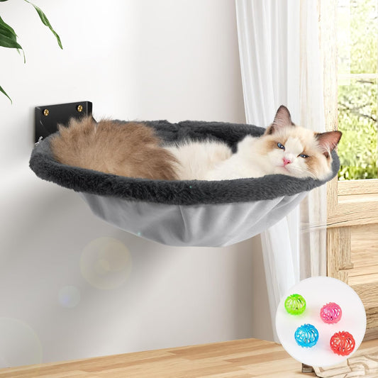 Cat Hammock Wall Mounted, Foldable & Stable Cat Beds- Breathable Cats Wall Shelves for Sleeping, Playing, Climbing, and Lounging - Maximum Hold Up to 30lb(Gray,Faux Rabbit Fur)