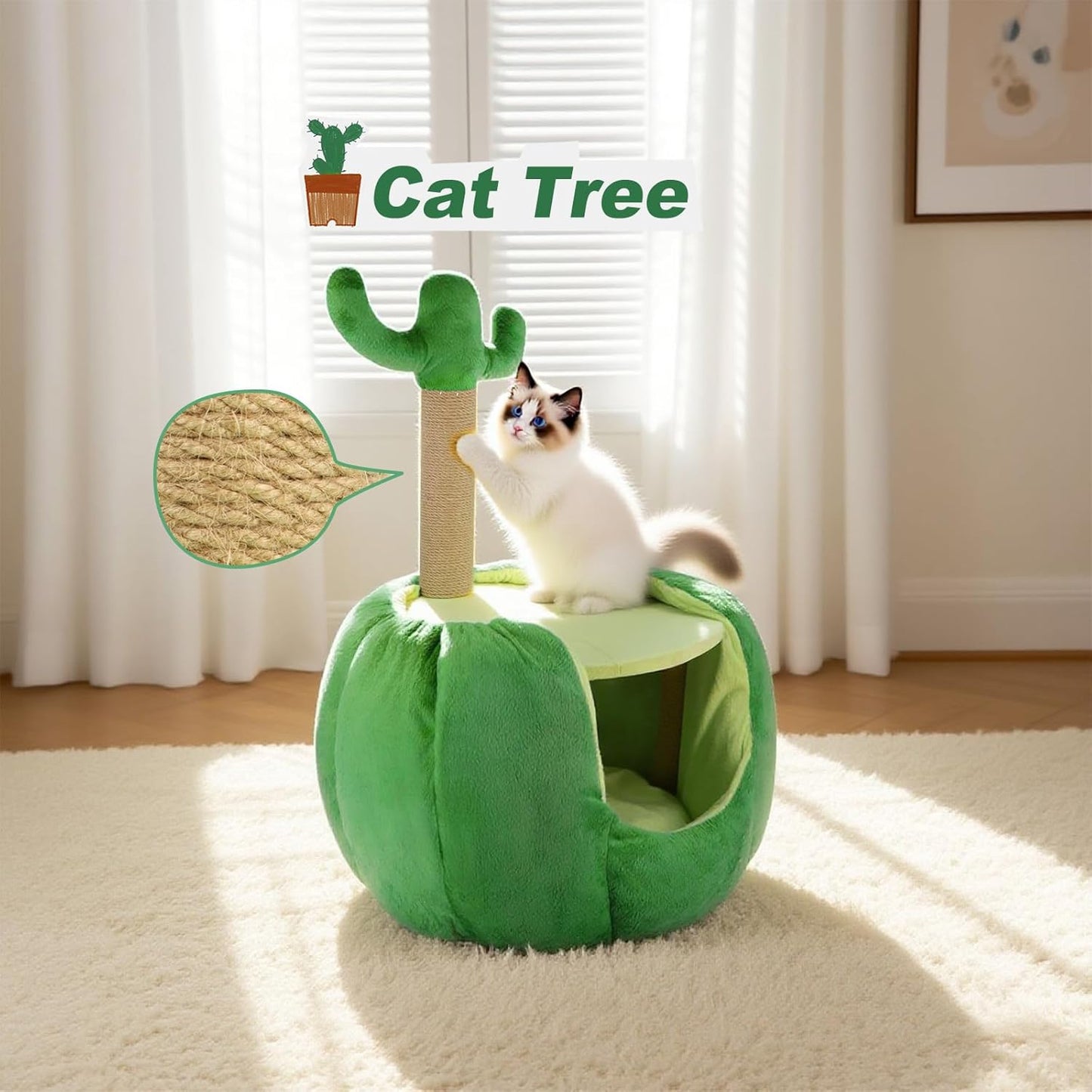Cat Houses for Indoor Cats, Small Cat Tree with Sisal Ropes and Plush Perch, Cute Cat Bed Cave with Soft Pillow, Cactus Design