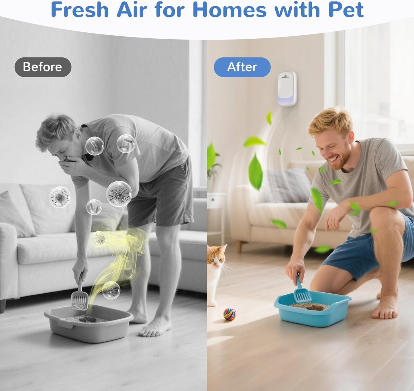 Cat Litter Deodorizer ā 99% Odor Eliminator for Strong Pet Odors, Plug In Negative Ion Air Purifier for Litter Box, Home, Kitchen, Bathroom, Ozone-Free & Quiet Portable