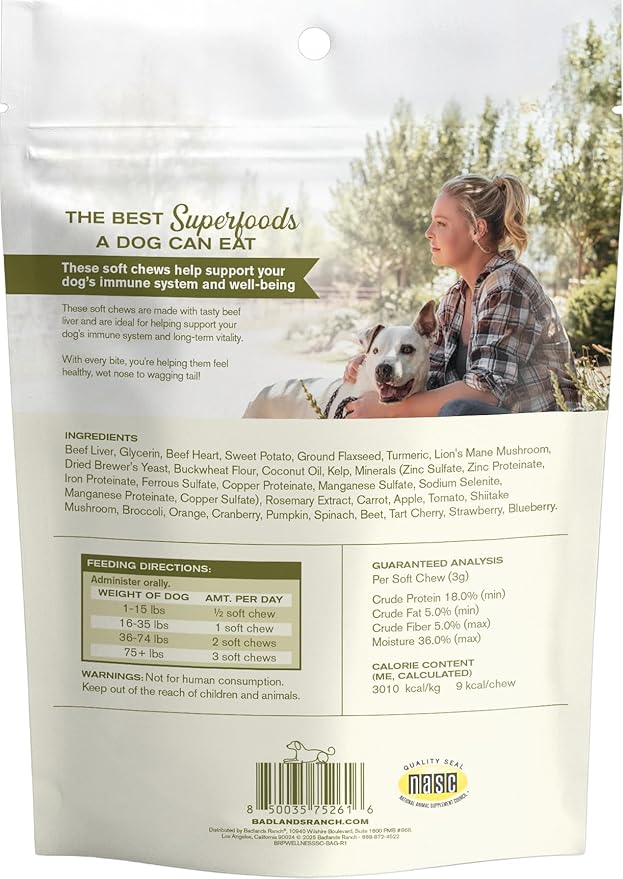 Badlands Ranch Super Daily Wellness Soft Chews for Dogs – Superfood Blend with Flaxseed, Turmeric & Lion’s Mane Mushroom – 60 Soft Chews