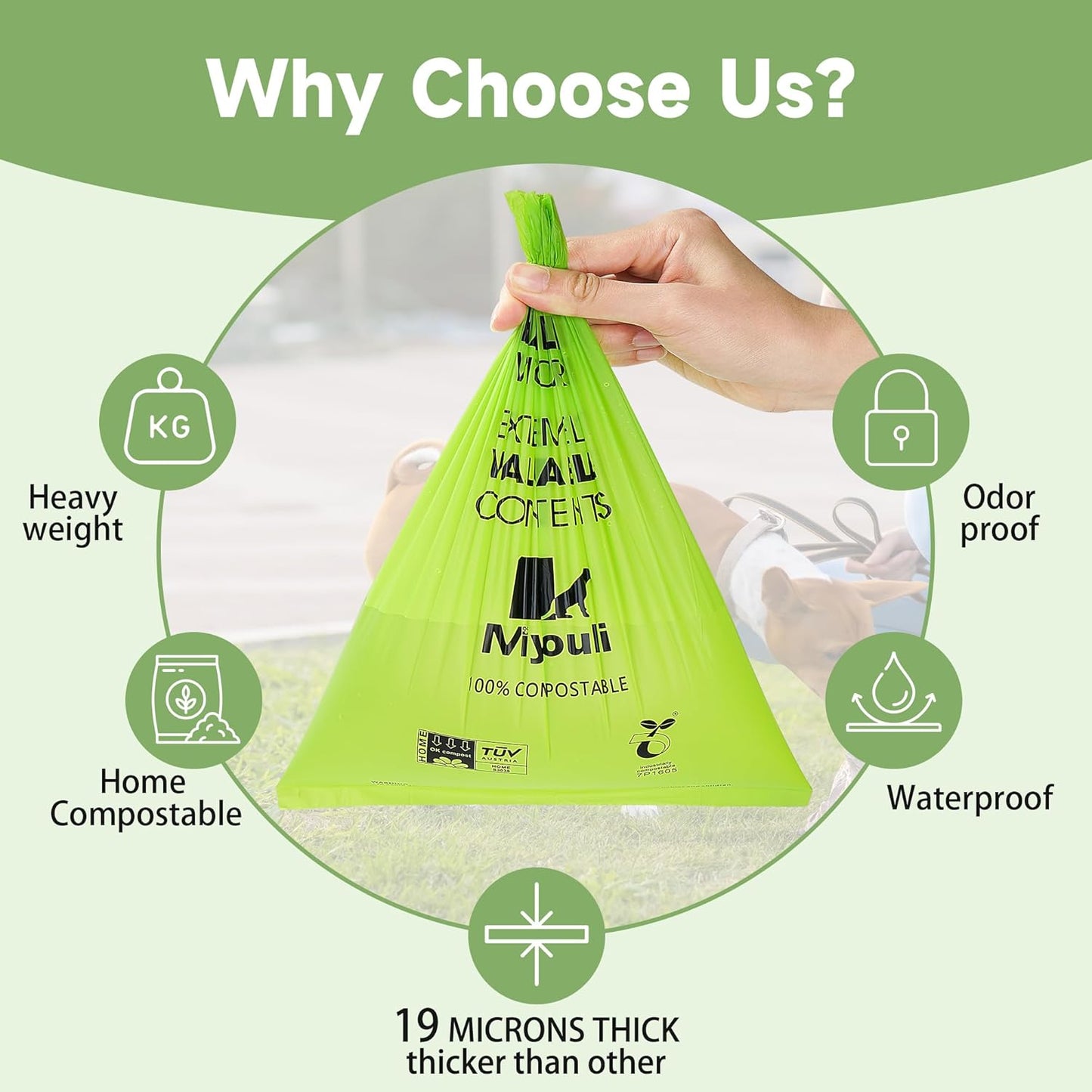 100% Certified Compostable Dog Poop Bag Rolls, 120 Bags (8 Rolls) Eco-Friendly Poop Bags for Dogs, Leak Proof Unscented Easy Open Poop Waste Bag(Green)