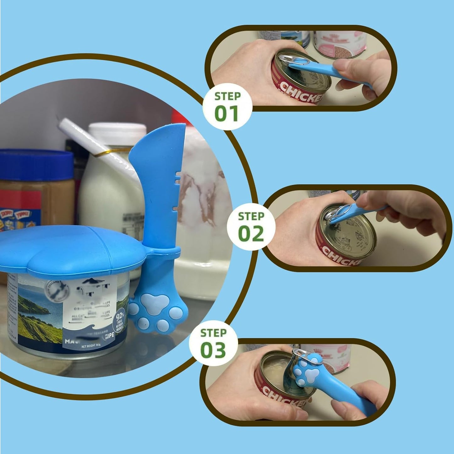 Cat Food Can Spoon & 3 Pcs Can Lids | Cute Paw Shape Can Covers & Cat Can Opener for Wet Food | Universal BPA Free Silicone for Cats and Dogs Food(Blue)