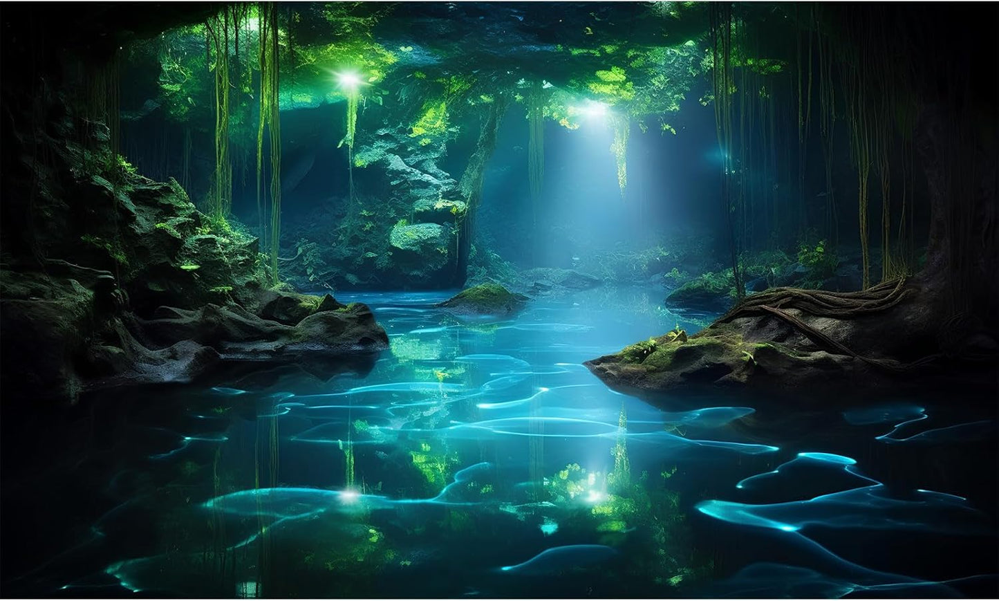 Cave Aquarium Background Underwater Cave with Light Beam Tranquil Stream Terrarium Background Mysterious Elegant Fantasy Tropical Plants Fish Tank Backdrop Wallpaper Poster Decorations Vinyl 36x18in