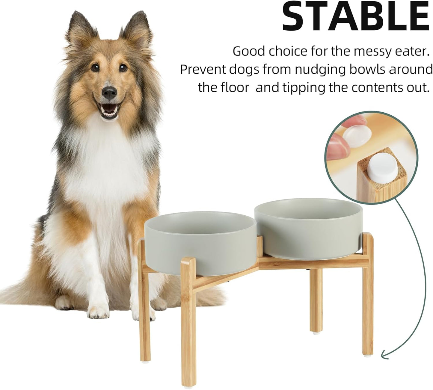 Ceramic Raised Double Bowls Set with Stand, Food & Water Bowls for Large Breed Dogs, Weighted Dog Dishes, Pet Bowl(8.2'',60OZ, Grey)