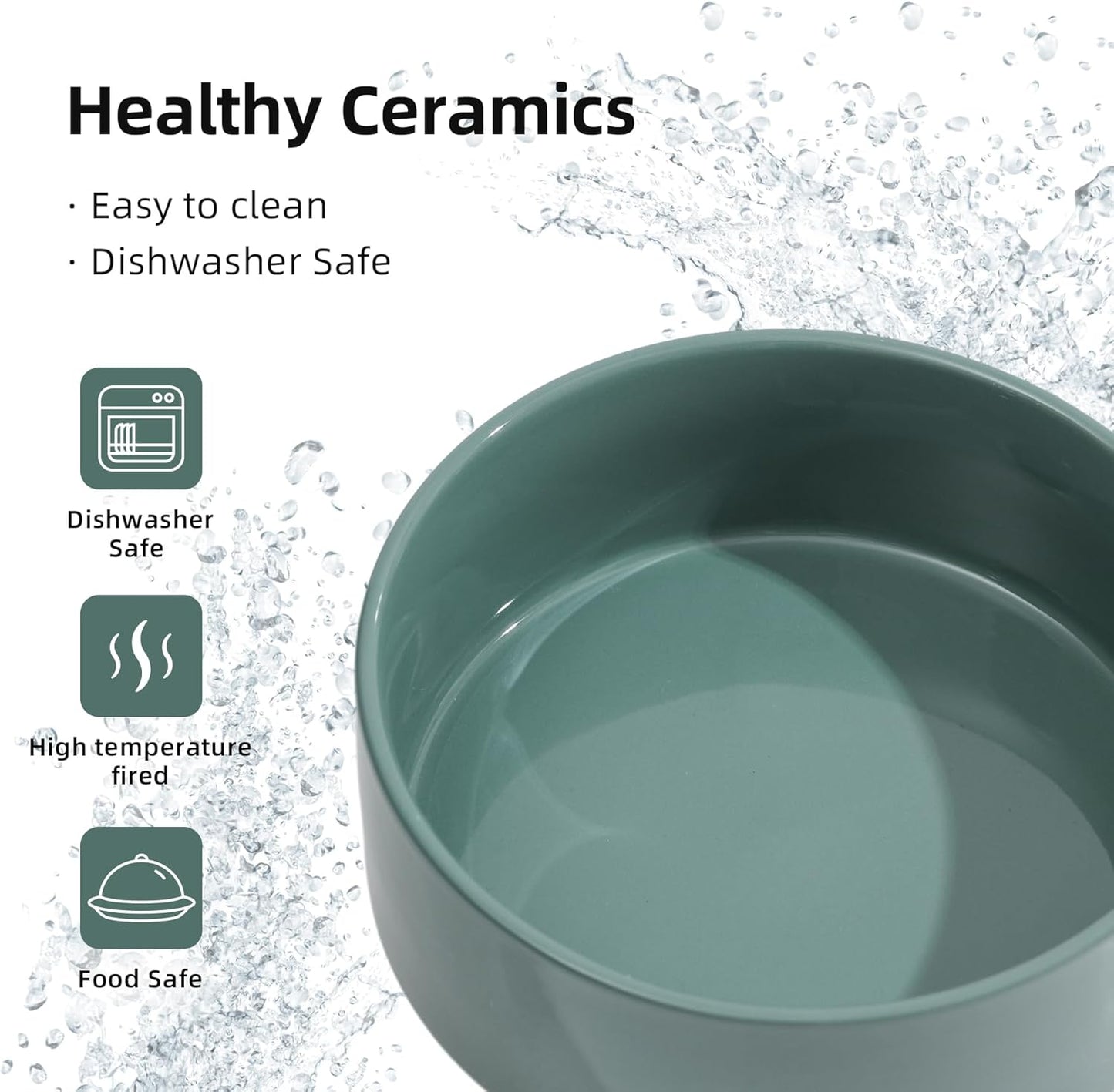 Ceramic Set of 2 Cat Bowls, Food and Water Bowls for Cats, Kitty, 2pcs Cat Dishes, Pet Feeder(5.1inch, 2 x Light Green Bowls)