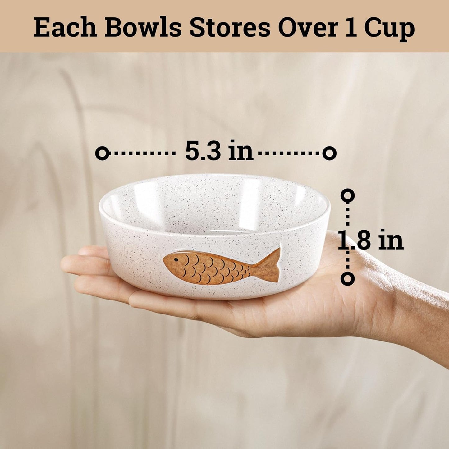 Ceramic Cat Bowls Whisker Friendly - Ceramic Cat Bowl Set of 2 Cute Designs with Anti-Slip Bases - Dishwasher & Microwave Safe Food and Water Bowls for Cats - Dishes for Cats - Kitten Food Bowl Set