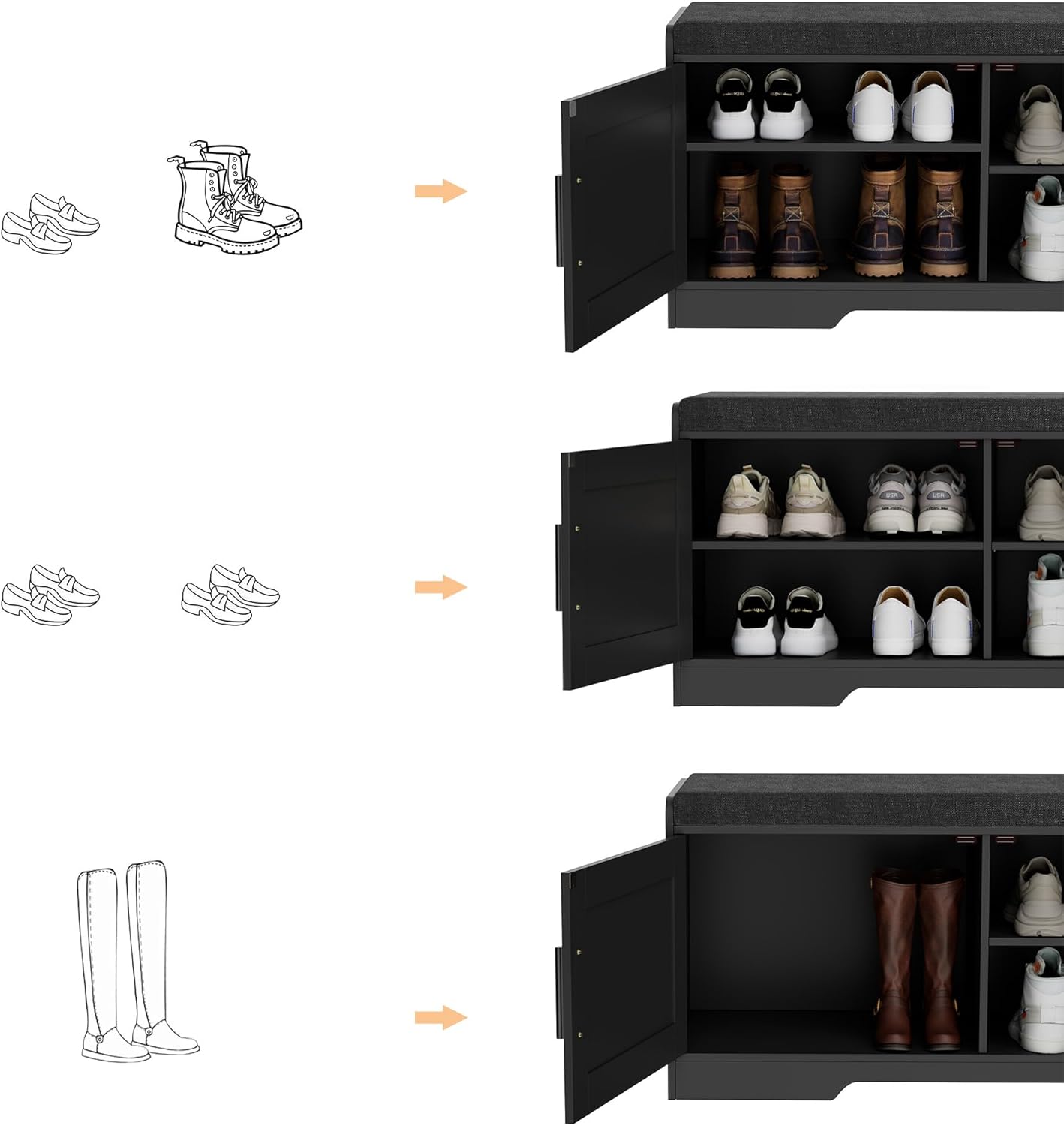 2-Tier Storage Bench, Shoe Bench with Thickened Padded Seat Cushion, Entryway Bench with 2 Doors, Adjustable Shelf, 13.8" D x 37.4" W x 18.5" H, for Entryway, Living Room, Bedroom, Black