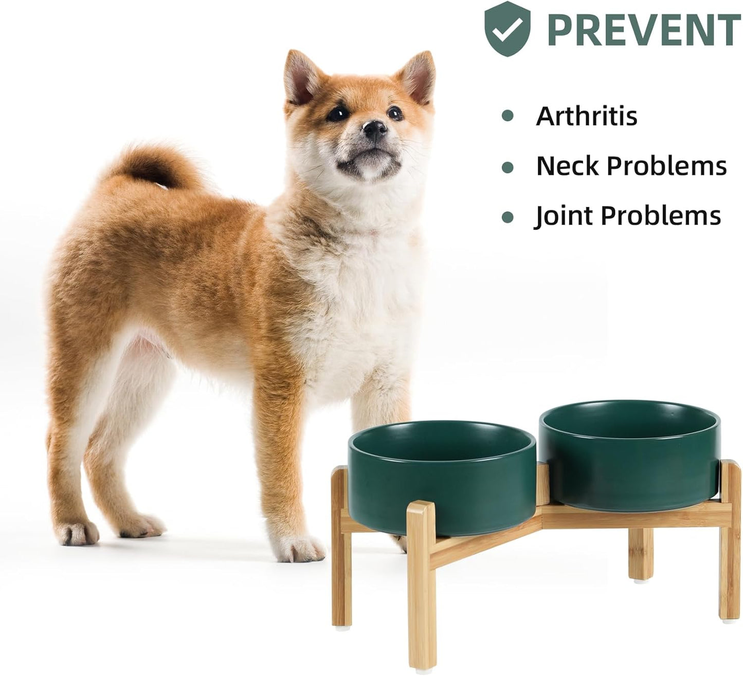 Ceramic Raised Double Bowls Set with Stand, Food & Water Bowls for Medium Breed Dogs, Weighted Dog Dishes, Pet Bowl(7.3'',41OZ, Green)