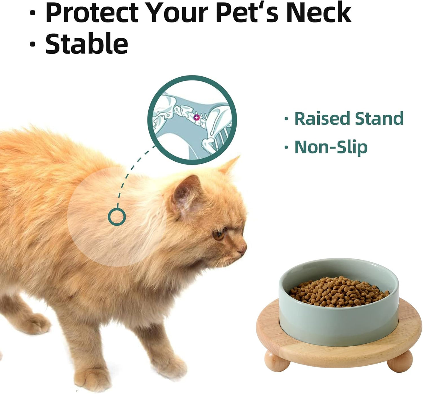 Ceramic Elevated Cat Food and Water Bowl, Kitty Bowl, Raised Cat Dish, Pet Feeder (5.1 in,1 x Light Green + Stand)