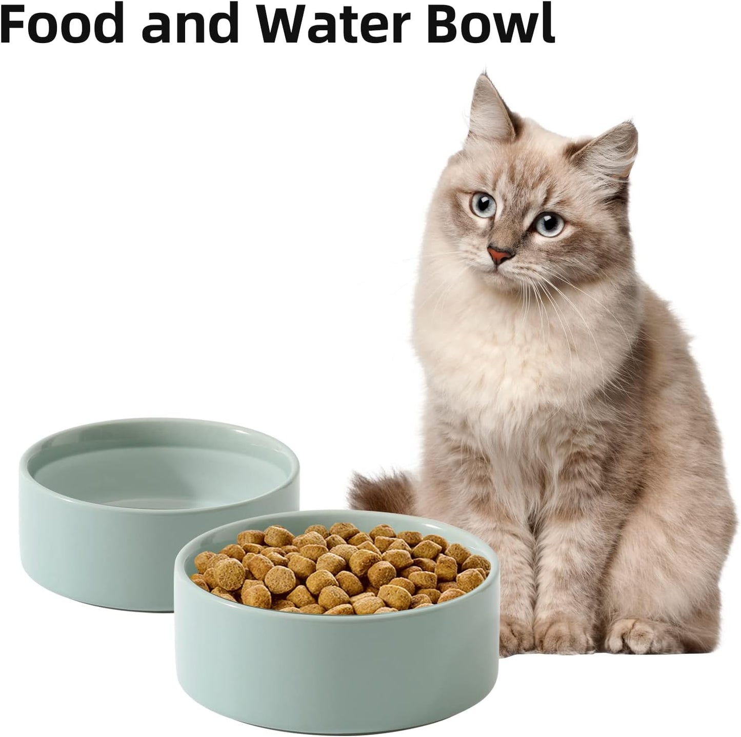 Ceramic 5.1inch Set of 2 Dog and Cat Bowls, 2pcs Anti-Slip Food and Water Feeder Dishes for Puppies, Kitties, Cats(2 Bowls, Light Green)
