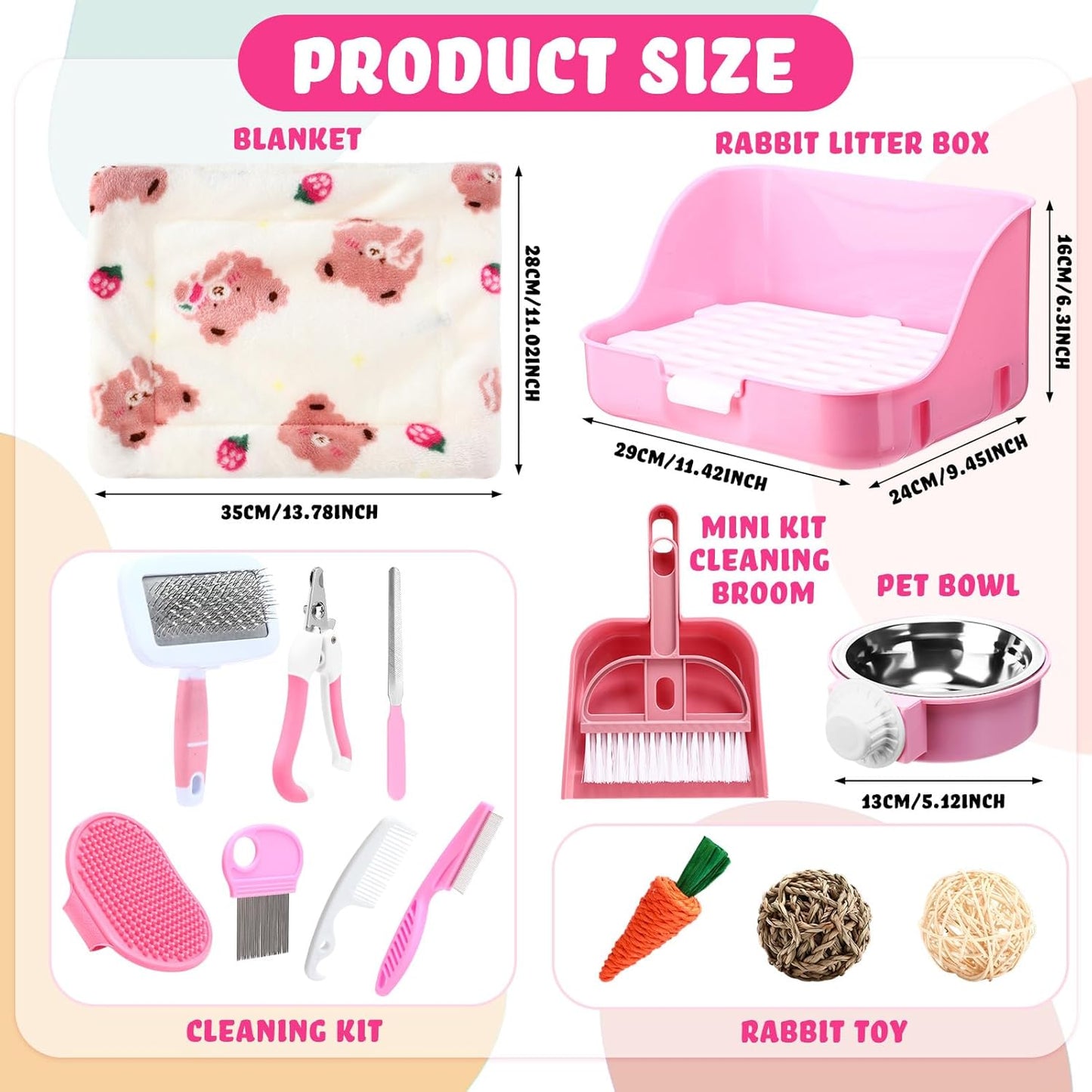15 Pcs Rabbit Starter Kit Small Rabbit Litter Box Animal Grooming Kit Bunny Toys Bowl Blankets with Cleaning Set for Guinea Pig Accessories(Pink)