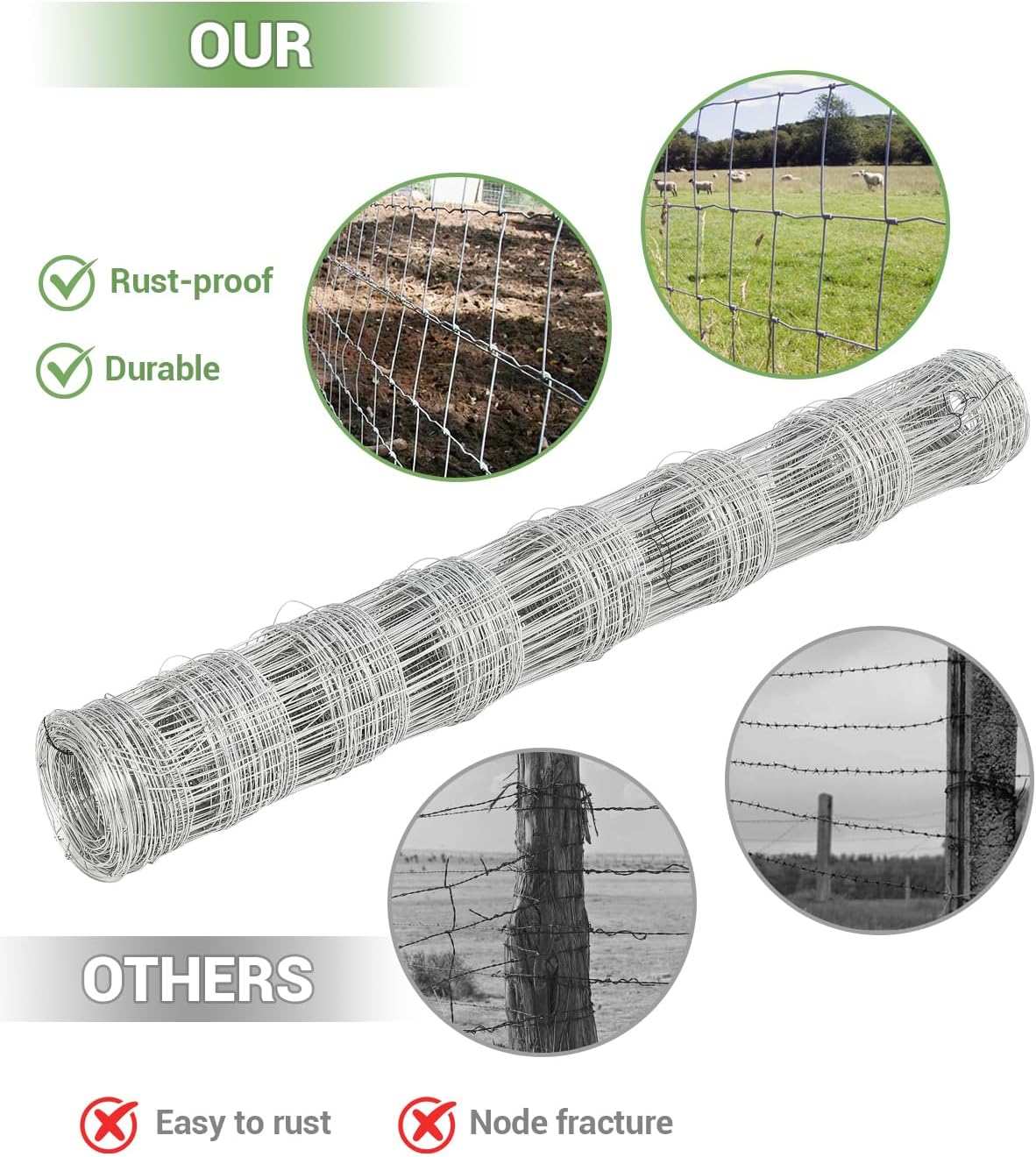 Cattle Farm Fence, 4ft x 164ft Galvanized Wire Fencing for Goat Deer Yard Livestock Animals Protection (Silver, 6x164ft)