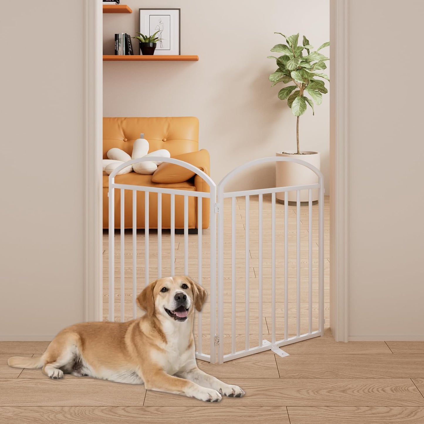 2 Panles Full Matel Freestanding Dog Gates with Door, 48"Extra Wide 32"Tall Free Standing Dog Pet Gate for Indoor & Outdoor. Foldable Pet Fences for Doorways, House, Stairs, Porch, Deck, Yard