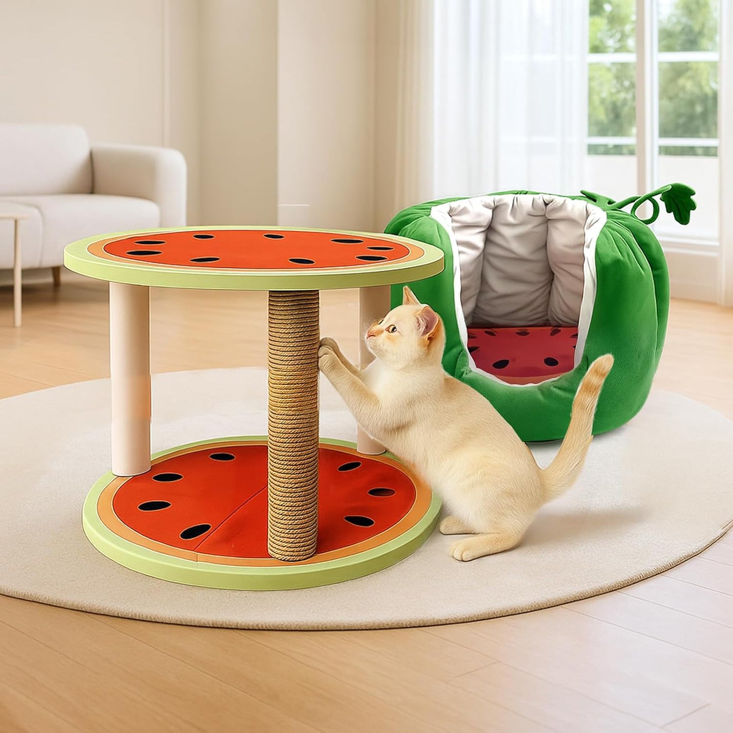 Cat Houses for Indoor Cats, Small Cat Tree with Sisal Ropes and Plush Perch, Cute Cat Bed Cave with Soft Pillow, Watermelon Design