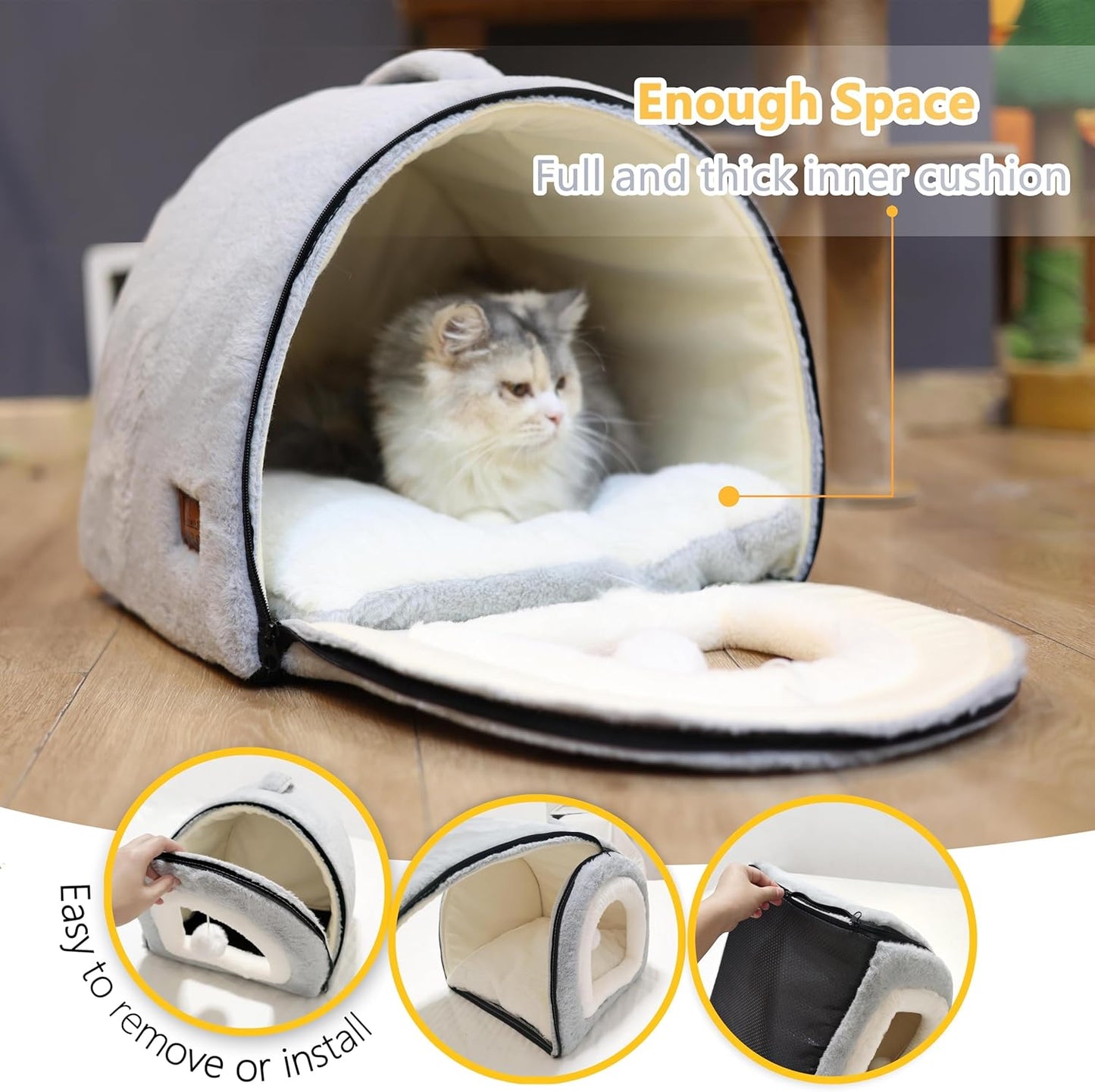 Cat Bed for Indoor Cats,Foldable cat cave,Anti-Slip & Water-Resistant Bottom,cat Houses for Indoor Cats or Small Dogs, Kitten Tent, Rabbit Bed,2 in 1 pet Bed (Grey)