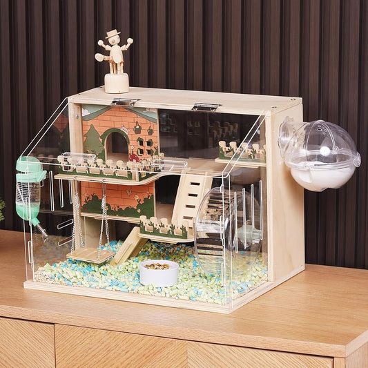 11 in 1 Wooden Hamster Cage with All Accessories, 15.8 Inch 3-Layer Dwarf Hamster Cage Acrylic,Small Animal Cages, Pastoral Style Mouse Cage for Pet Mice, Hedgehog, with Stairs, Fences and Swing