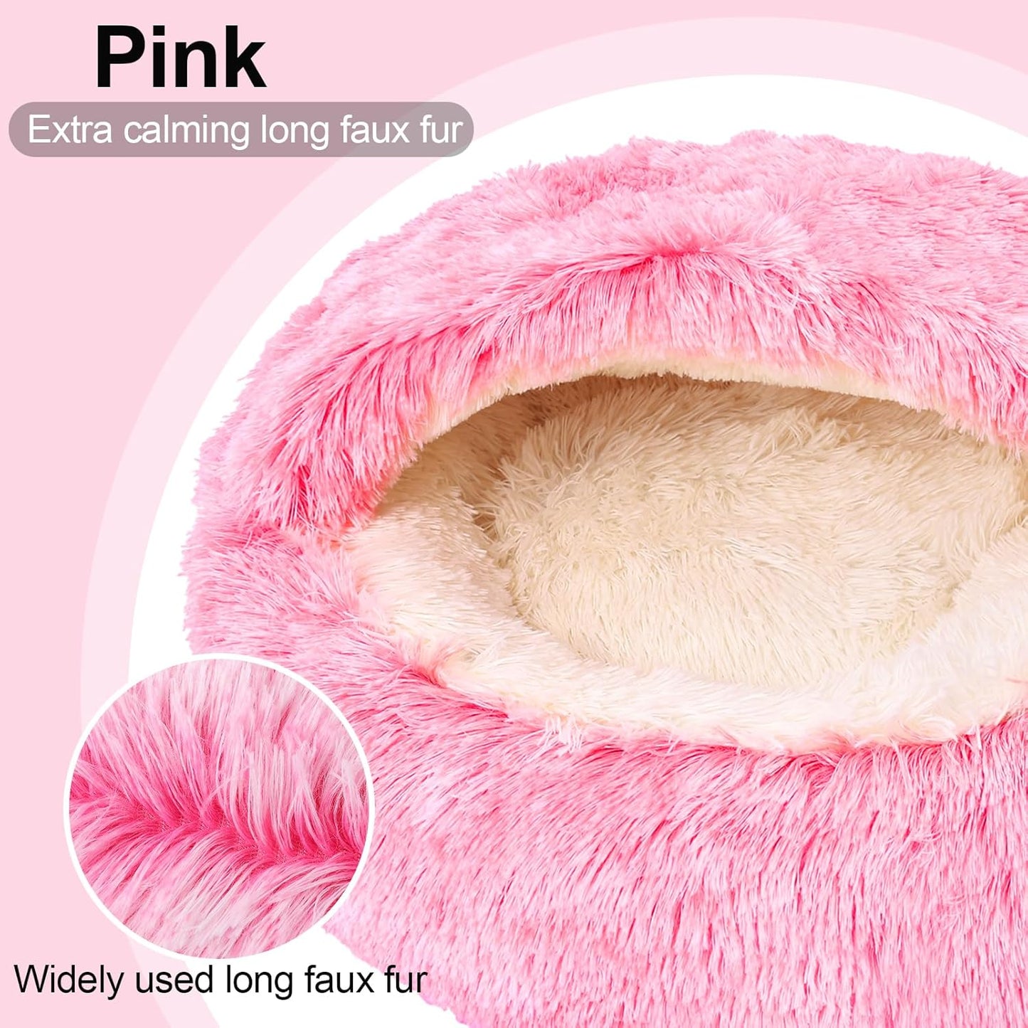 Calming Dog Beds & Cat Cave Bed with Hooded Cover,Removable Washable Round Beds for Small Medium Pets,Anti-Slip Faux Fur Fluffy Coved Bed for Improved Sleep,Fits up to 15/25 lbs(Pink,S)