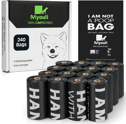 Certified Compostable Poop Bags for Dogs, 240 Poop Bags (16 Rolls),Landfill Friendly, Leak Proof Unscented Easy Open Poop Waste Bag(Black)