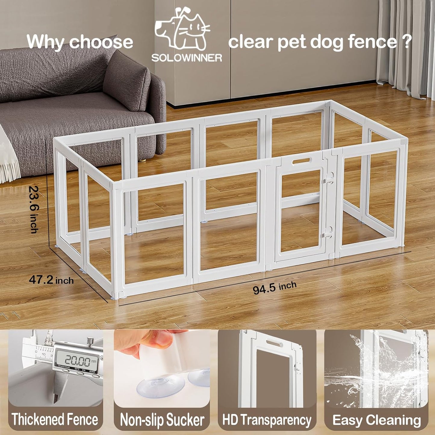 Clear Acrylic Dog Playpen Transparent Dog Playpen Indoor, Easy Assemble Clear Pet Pen for Puppy Bunny Cat Pig, Sturdy & Easy Cleaning Plastic Dog Puppy Fence (23.6" H, 12PCS)