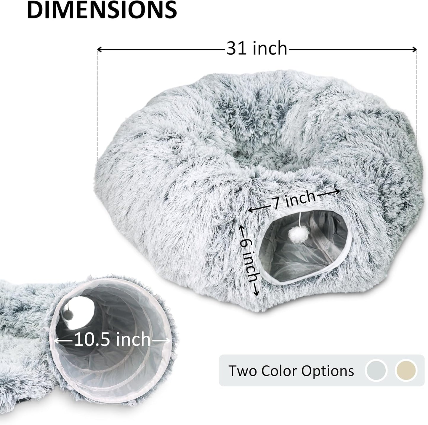 Cat Donut Bed with Washable Cushion – Cat Caves for Indoor Cats – Collapsible Donut Bed with Peekaboo Pet Tunnel & Tunnel Toy – Cozy Hideout for Kittens, Ferrets, Rabbits & Dogs – Grey