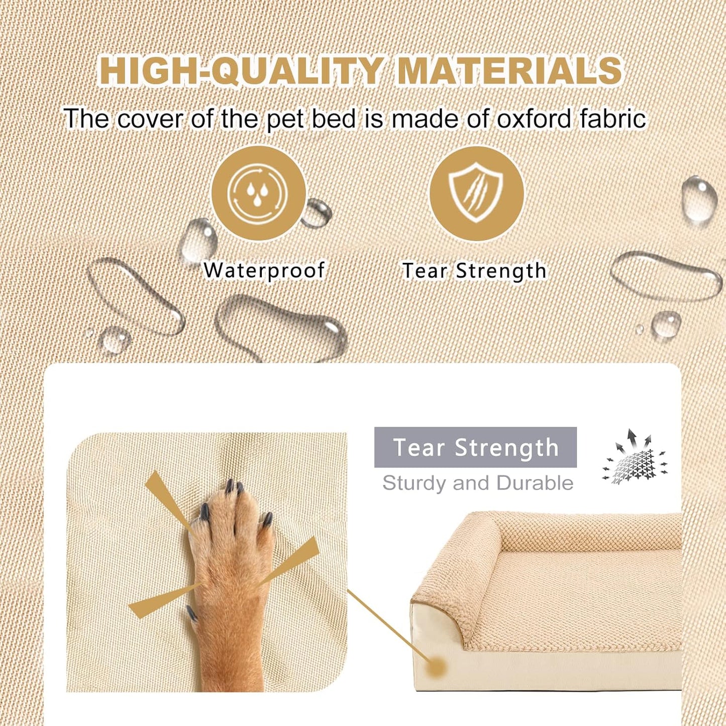 JOYELF Orthopedic Dog Bed for Medium Dogs,U-Shaped Foam Sofa Bed, Bolster Waterproof Pet Bed with Removable Washable Cover and Nonskid Bottom, for Small to Medium Dogs - Khaki