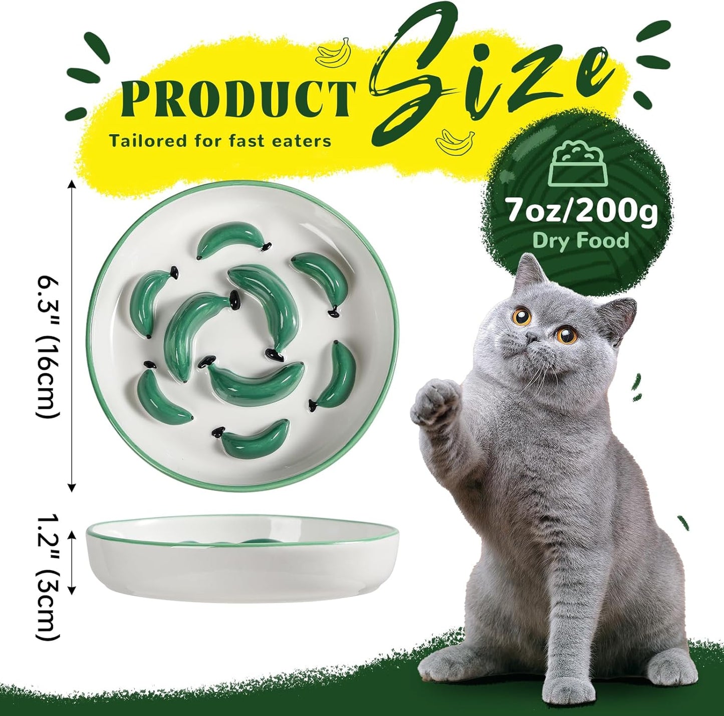 Ceramic Cat Slow Feeder Bowl - Vibrant Cat Feeding Bowl - Cute Maze Food Dish for Slow Eating - Dishwasher Safe - 6.3''W x 1.2''H - 7 OZ - Blue