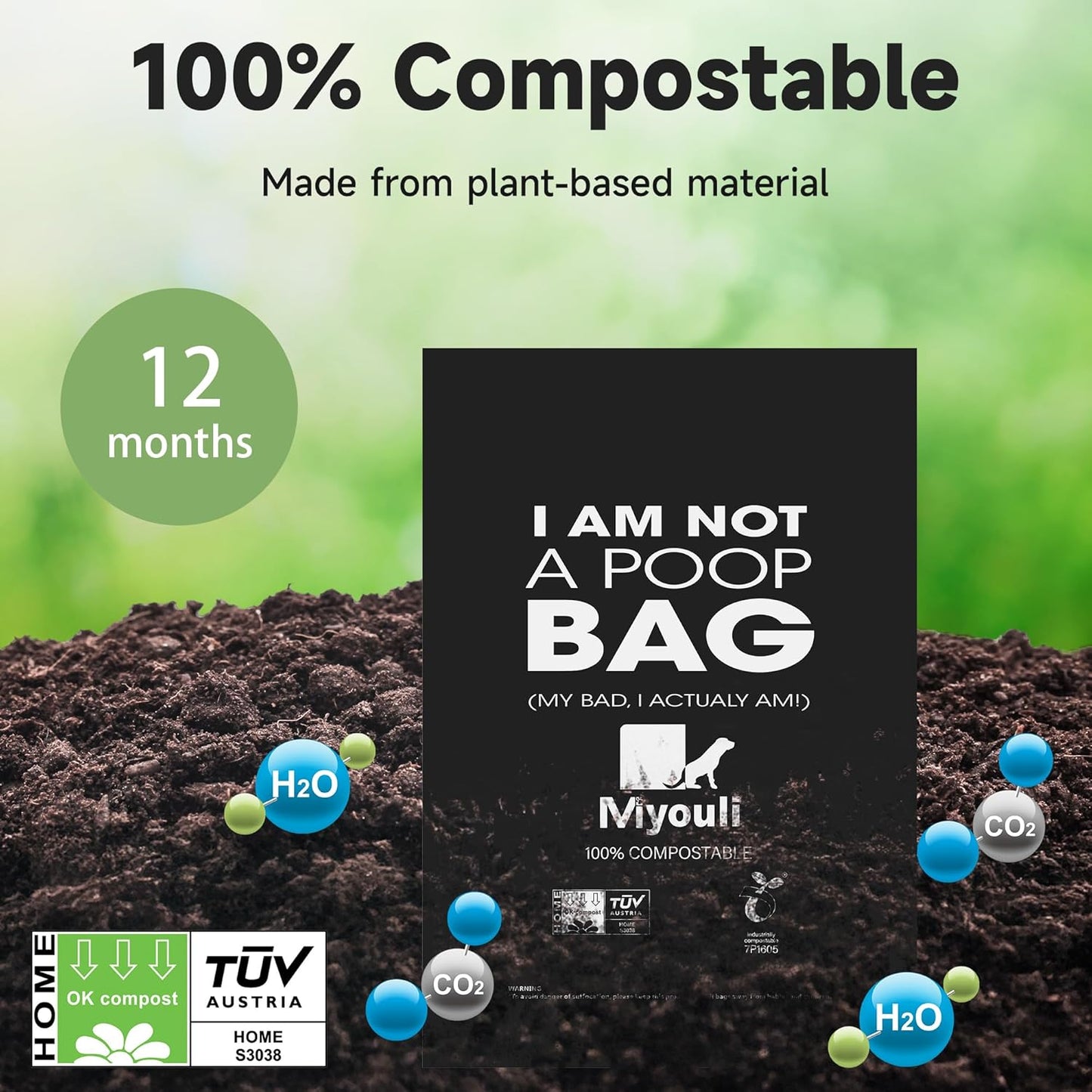 Certified Compostable Poop Bags for Dogs, 240 Poop Bags (16 Rolls),Landfill Friendly, Leak Proof Unscented Easy Open Poop Waste Bag(Black)
