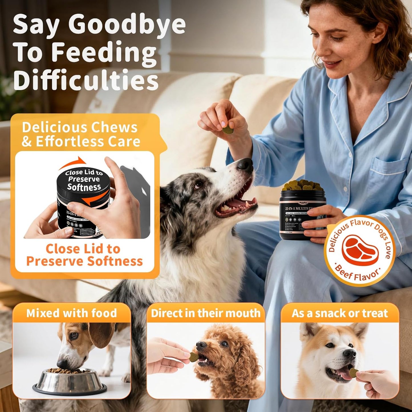 25-in-1 Dog Multivitamin Chews – All-in-One Daily Vitamins & Supplements for Dogs, Joint Support with Glucosamine MSM, Omega-3 Skin & Coat, Gut, Heart & Brain, All Breeds & Ages, Chicken, 60 Ct