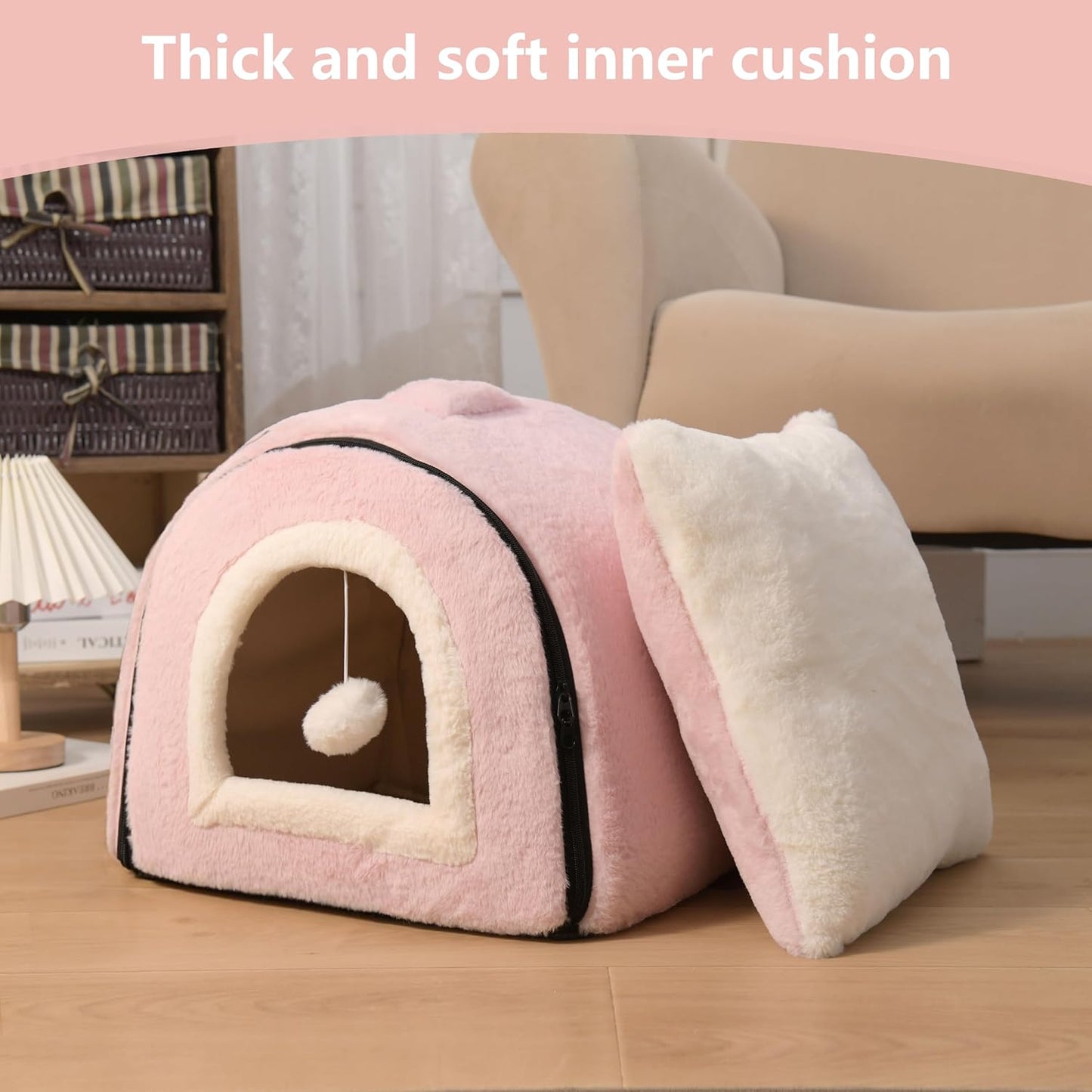 Cat Bed for Indoor Cats,Foldable cat cave,Anti-Slip & Water-Resistant Bottom,cat Houses for Indoor Cats or Small Dogs, Kitten Tent, Rabbit Bed,2 in 1 pet Bed (Pink)