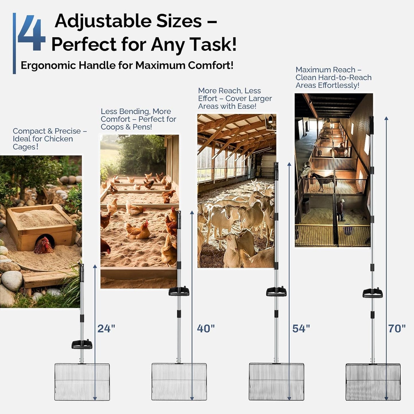 15" Extra-Wide Chicken Poop Scooper โ Ergonomic Adjustable Handle (24-70in), Stainless Steel Sifting Shovel Deep Litter Cleaning for Chicken Coops, Goat - Chicken Coop Scoop for Sand, Straw, Hemp