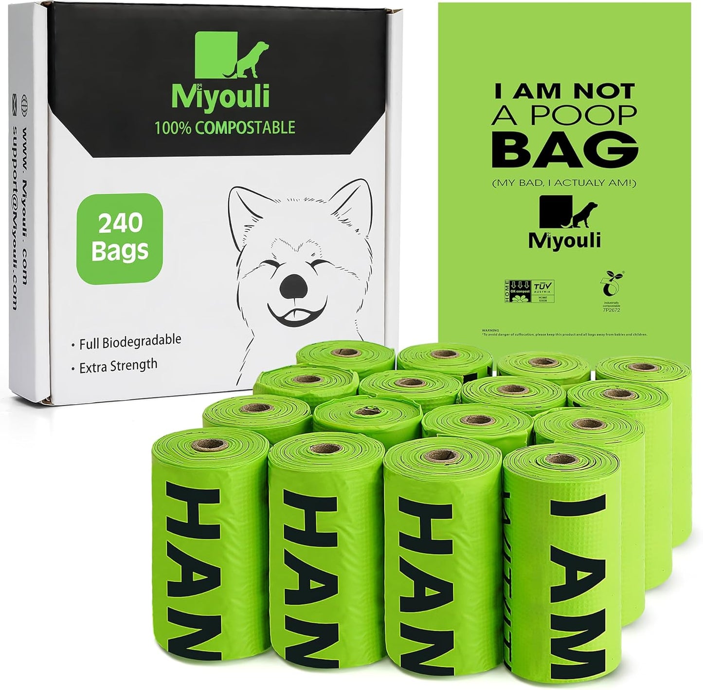 Certified Compostable Poop Bags for Dogs, 240 Poop Bags (16 Rolls), Landfill Friendly, Leak Proof Unscented Easy Open Poop Waste Bag(Green)