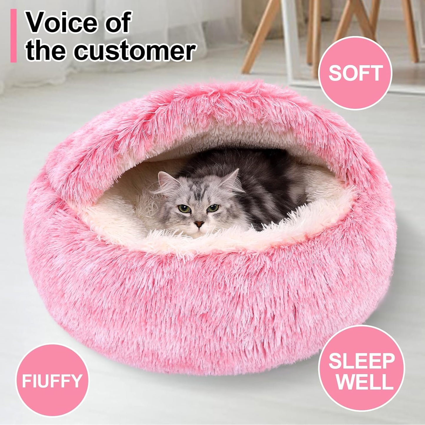 Calming Dog Beds with Hooded Cat Cave Cover - Removable, Washable Round Beds for Small to Medium Pets, Anti-Slip Faux Fur Fluffy Cover for Improved Sleep - Fits up to 15/25 lbs (Pink, M)