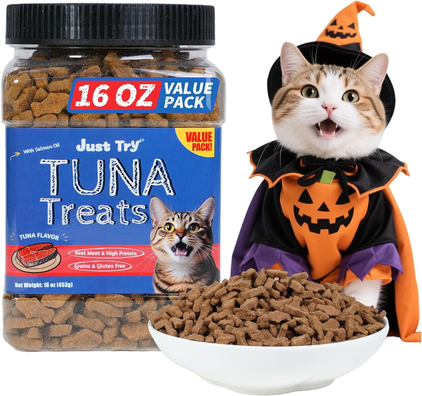 Just Try 16 OZ Tuna Cat Treats for Indoor Cats Training Treats with Real Tuna Omega-3 for Cats Joint Support & Skin Coat Health & Dental Care