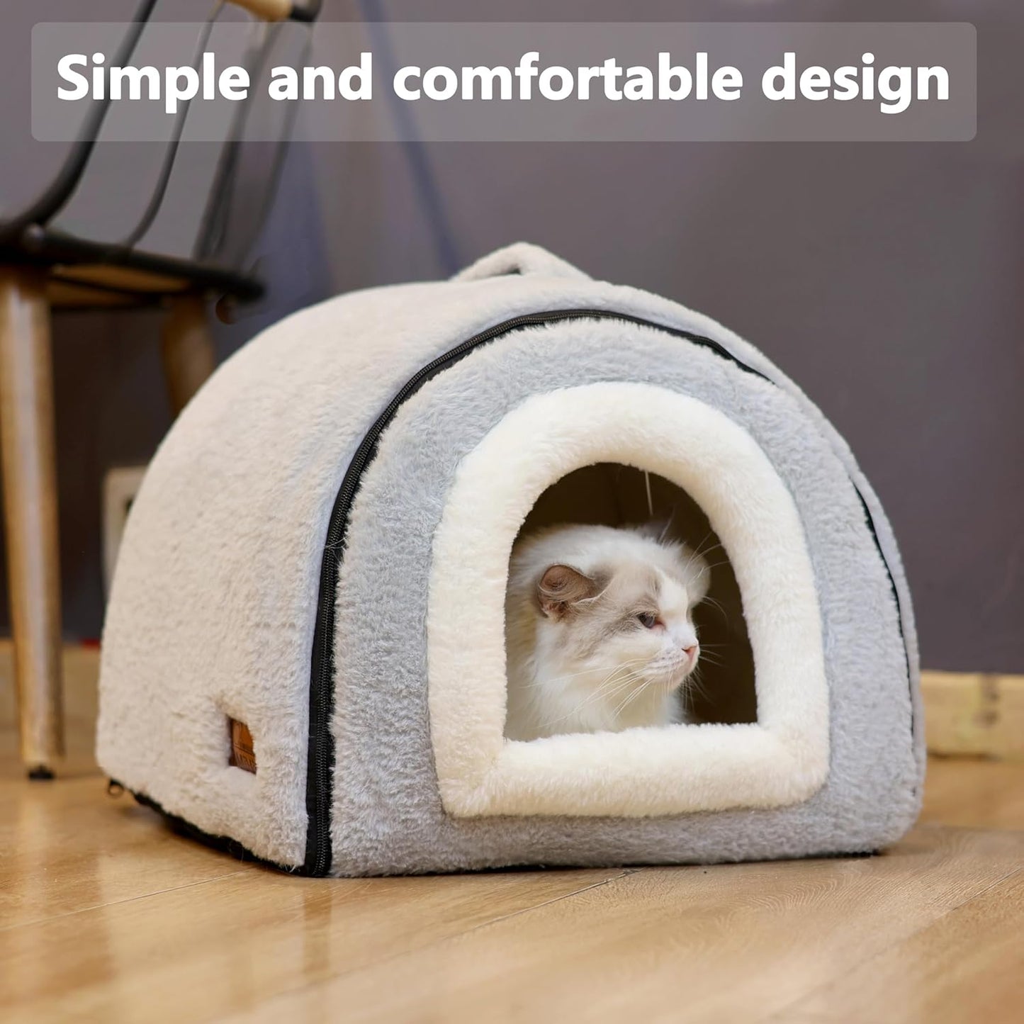 Cat Bed for Indoor Cats,Foldable cat cave,Anti-Slip & Water-Resistant Bottom,cat Houses for Indoor Cats or Small Dogs, Kitten Tent, Rabbit Bed,2 in 1 pet Bed (Grey)