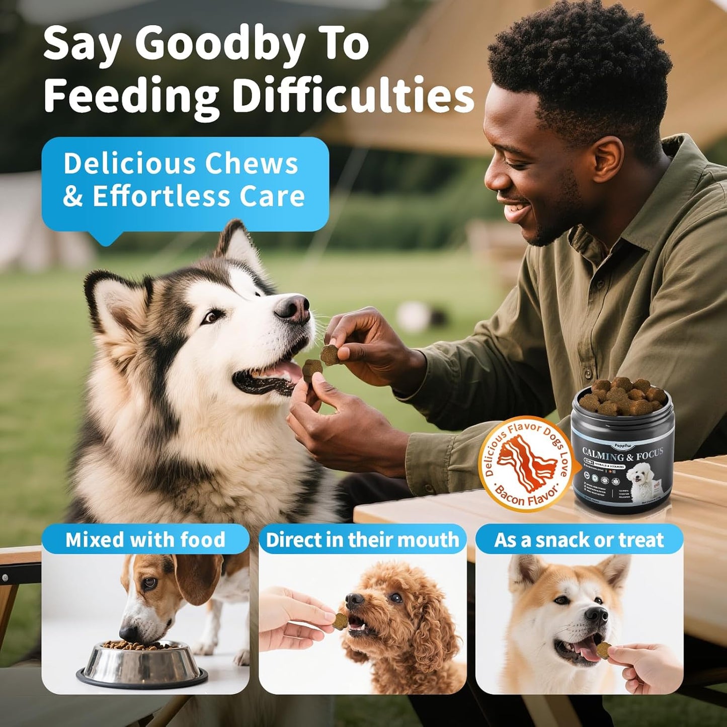 Calming Chews for Dogs – Calming Treats for Anxiety, Stress, Separation, Travel&Thunder, Relaxation & Focus Support with L-Theanine, Valerian Root, Chamomile & Ashwagandha, Bacon Flavor, 90Ct