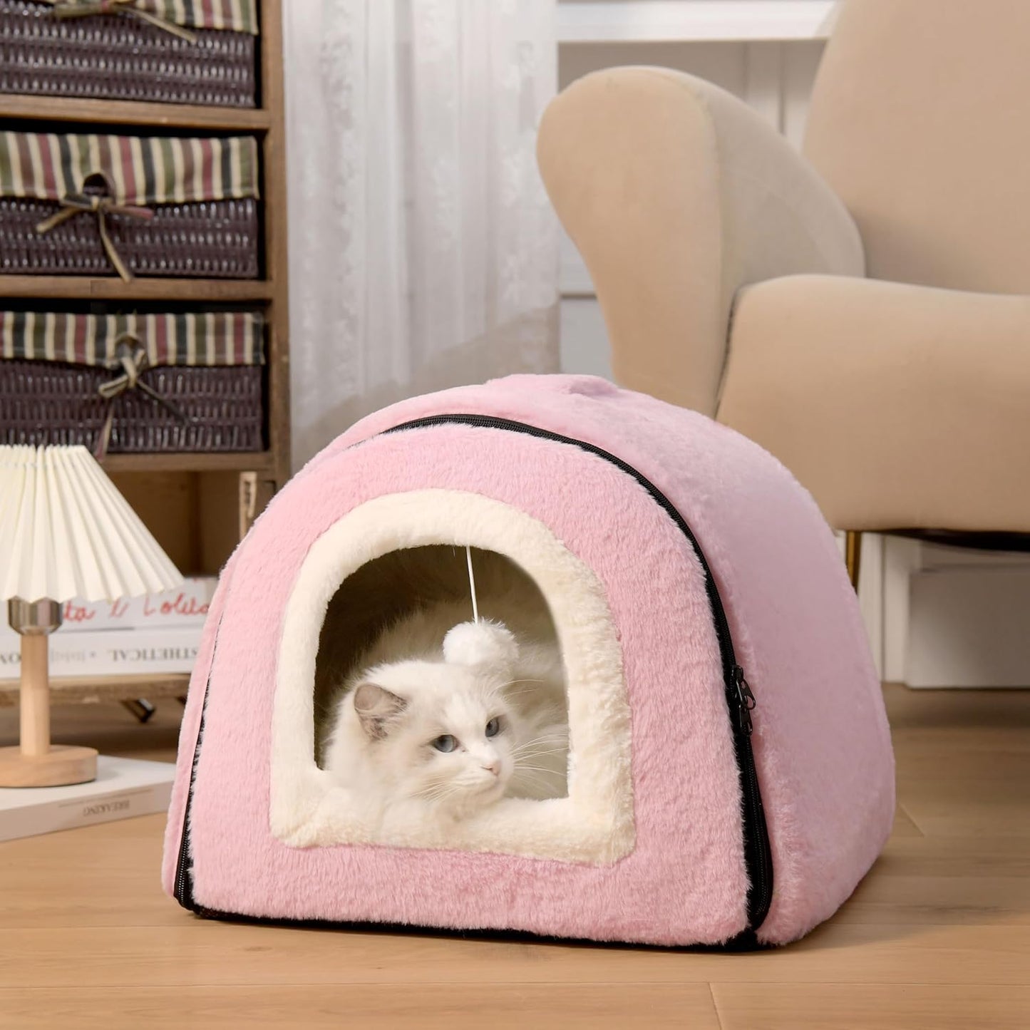 Cat Bed for Indoor Cats,Foldable cat cave,Anti-Slip & Water-Resistant Bottom,cat Houses for Indoor Cats or Small Dogs, Kitten Tent, Rabbit Bed,2 in 1 pet Bed (Pink)