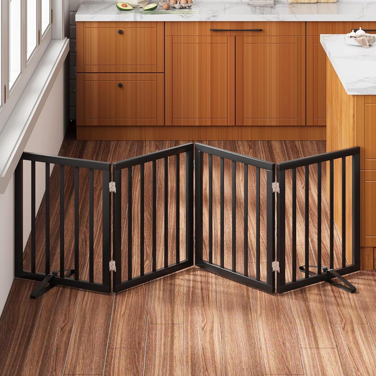 Black 37-74" Dog Gate Foldable Dog Gates for Doorways Stairs House Freestanding Pet Gate Puppy Barries 24 inches Tall