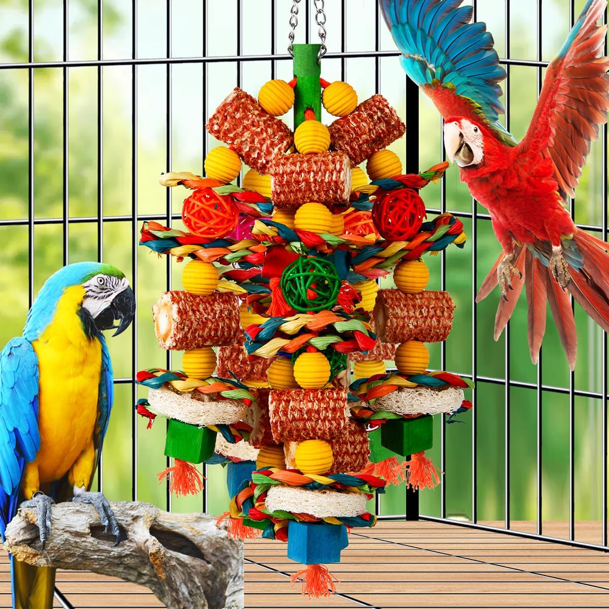 Bird Toys, Parrot Toys for Large Birds,Natural Corn cob and Loofah Slices Bird chew Toys for African Grey Parrots, Macaws, Cockatoos, Amazon Parrot and other Small and Medium-Sized Parrot (Colorful)