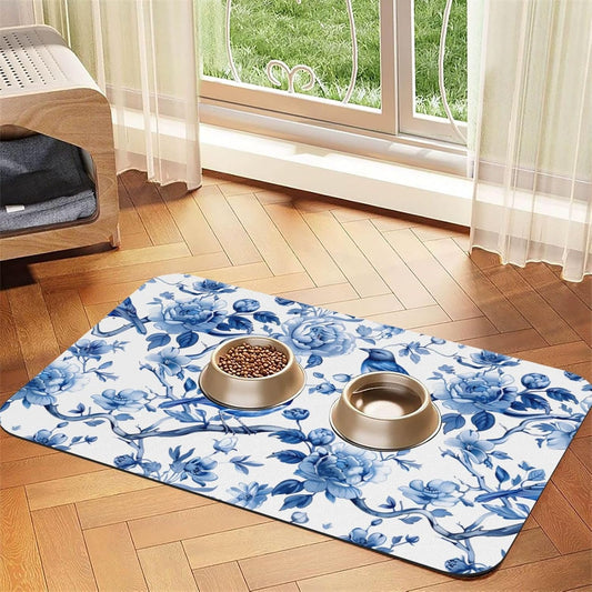 Chinoiserie Floral Birds Dog Food Mat Absorbent Bowl Mats No Stains Quick Dry Waterproof Pet Cat Placemats for Food and Water, 30x45cm