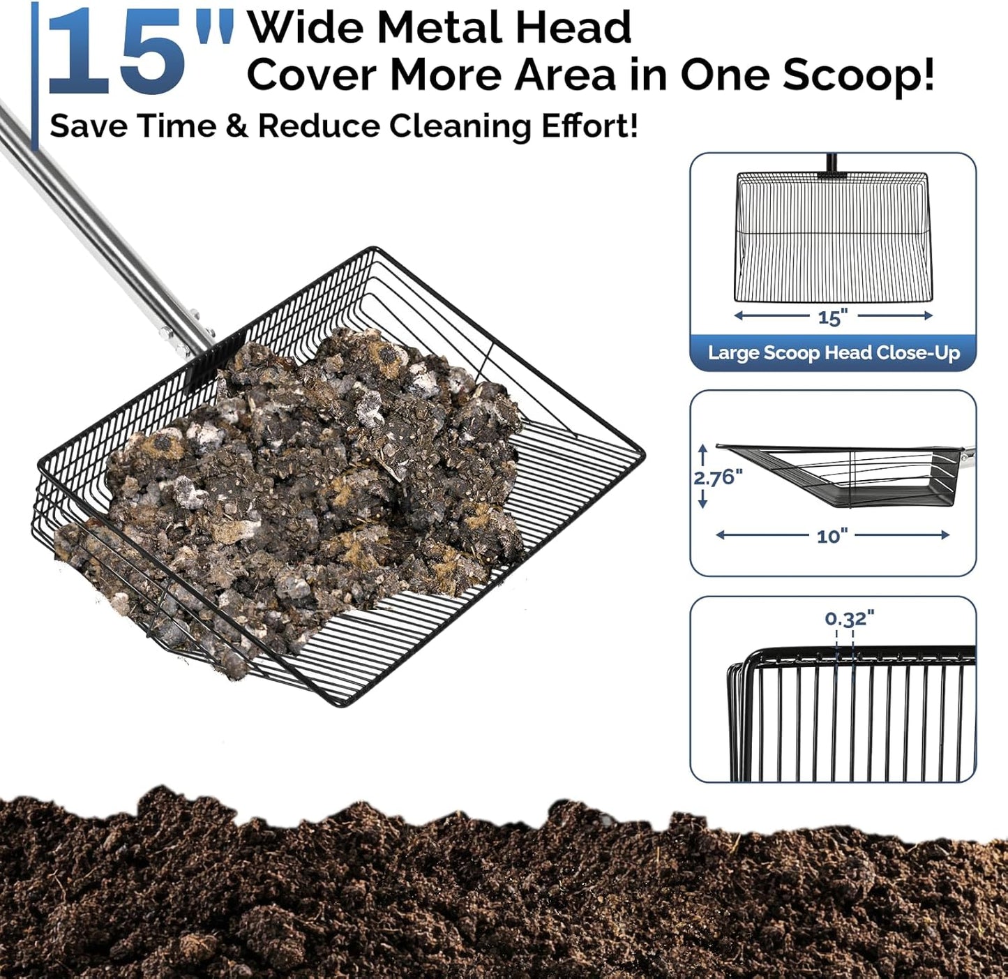 15" Extra-Wide Chicken Poop Scooper โ Ergonomic Adjustable Handle (24-70in), Stainless Steel Sifting Shovel Deep Litter Cleaning for Chicken Coops, Goat - Chicken Coop Scoop for Sand, Straw, Hemp