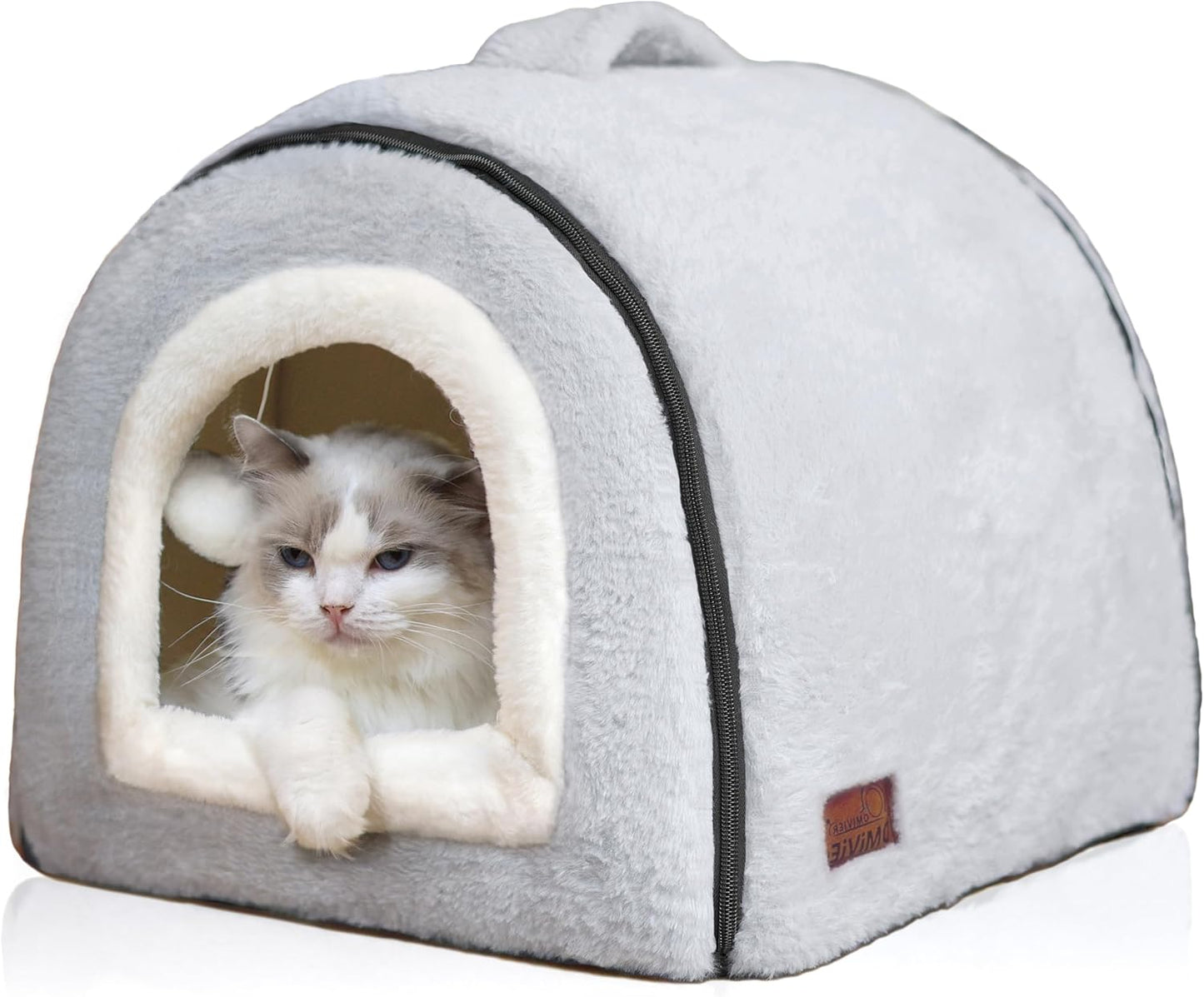 Cat Bed for Indoor Cats,Foldable cat cave,Anti-Slip & Water-Resistant Bottom,cat Houses for Indoor Cats or Small Dogs, Kitten Tent, Rabbit Bed,2 in 1 pet Bed (Grey)