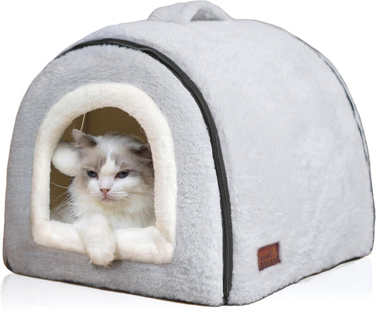 Cat Bed for Indoor Cats,Foldable cat cave,Anti-Slip & Water-Resistant Bottom,cat Houses for Indoor Cats or Small Dogs, Kitten Tent, Rabbit Bed,2 in 1 pet Bed (Grey)