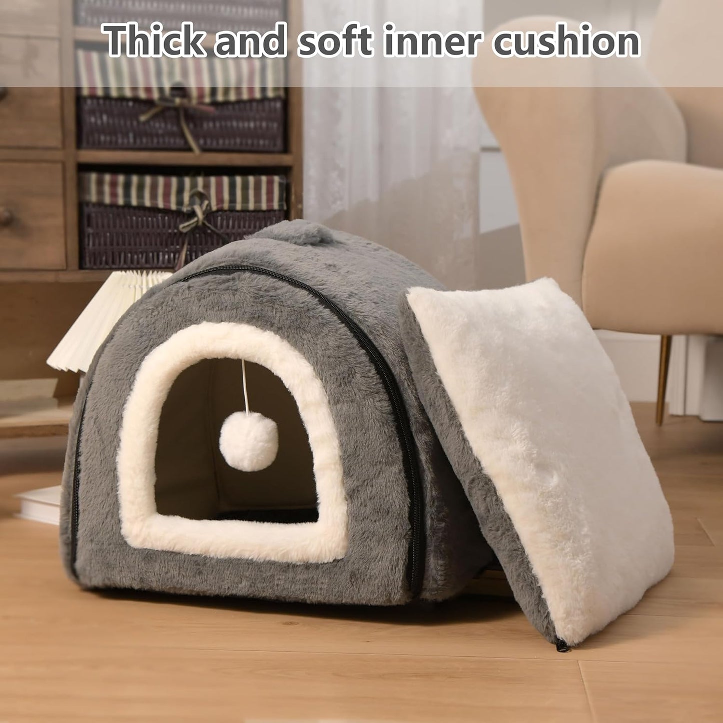 Cat Bed for Indoor Cats,Foldable cat cave,Anti-Slip & Water-Resistant Bottom,cat Houses for Indoor Cats or Small Dogs, Kitten Tent, Rabbit Bed,2 in 1 pet Bed (Dark Grey)
