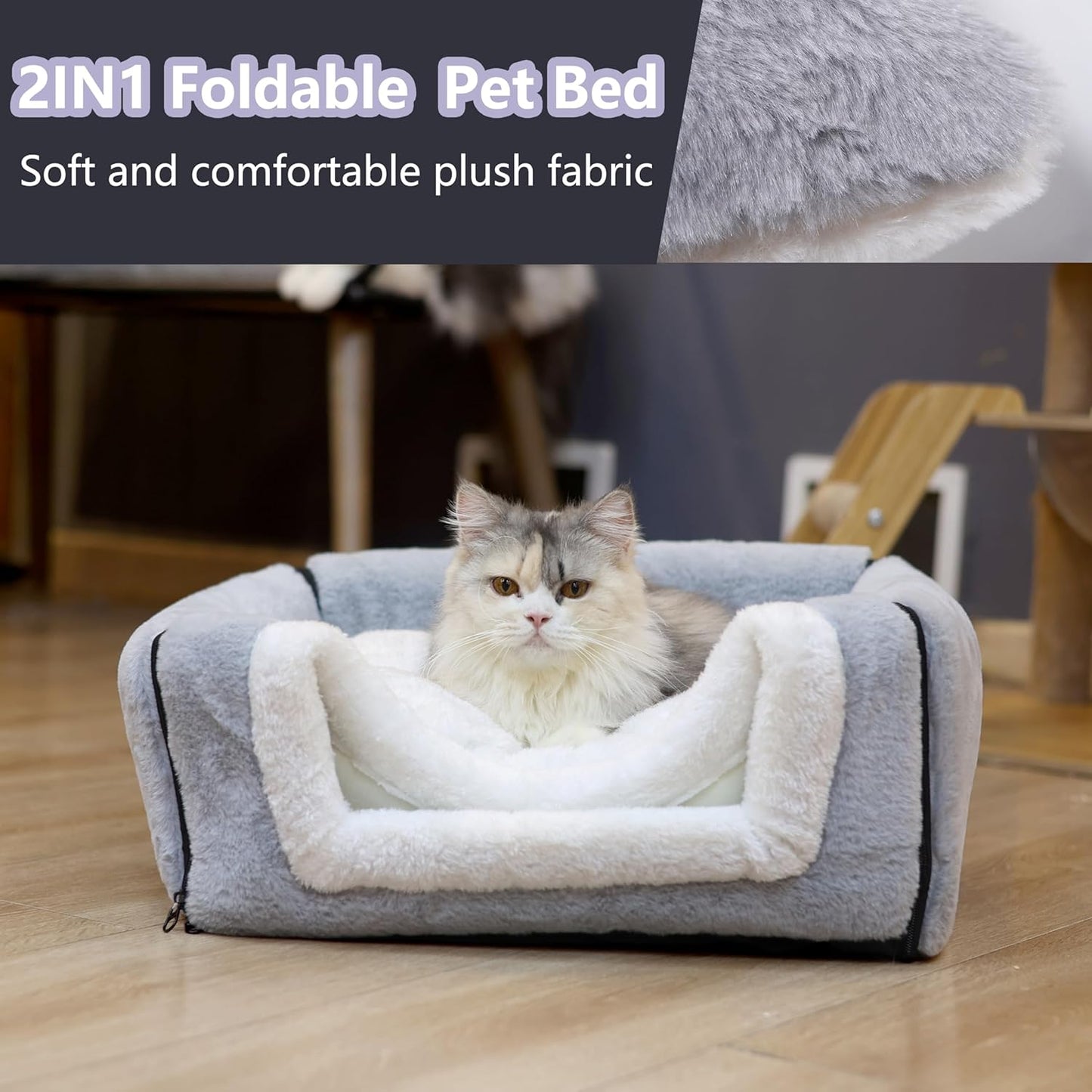 Cat Bed for Indoor Cats,Foldable cat cave,Anti-Slip & Water-Resistant Bottom,cat Houses for Indoor Cats or Small Dogs, Kitten Tent, Rabbit Bed,2 in 1 pet Bed (Grey)