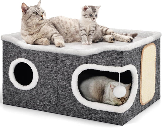 Cat Beds for Indoor Cats, Extra Wide Cat Cube House for Multi Cats, Foldable Cat Cave Hideaway with Arc-Edge Design & Oval Door, Double-Side Soft Cushion for All Seasons, 24"L x 17.7"D x 12.6"H, Grey