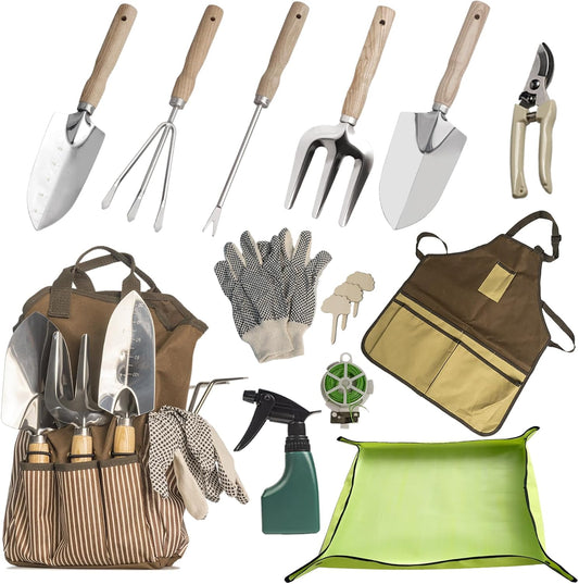 13-Piece Garden Tools Set with Tote Bag & Apron, Repotting Mat - Stainless Steel Heavy Duty Planting Kit, Ergonomic Non-Slip Handles - Gardening Gift for Women, Mom, Home Gardeners